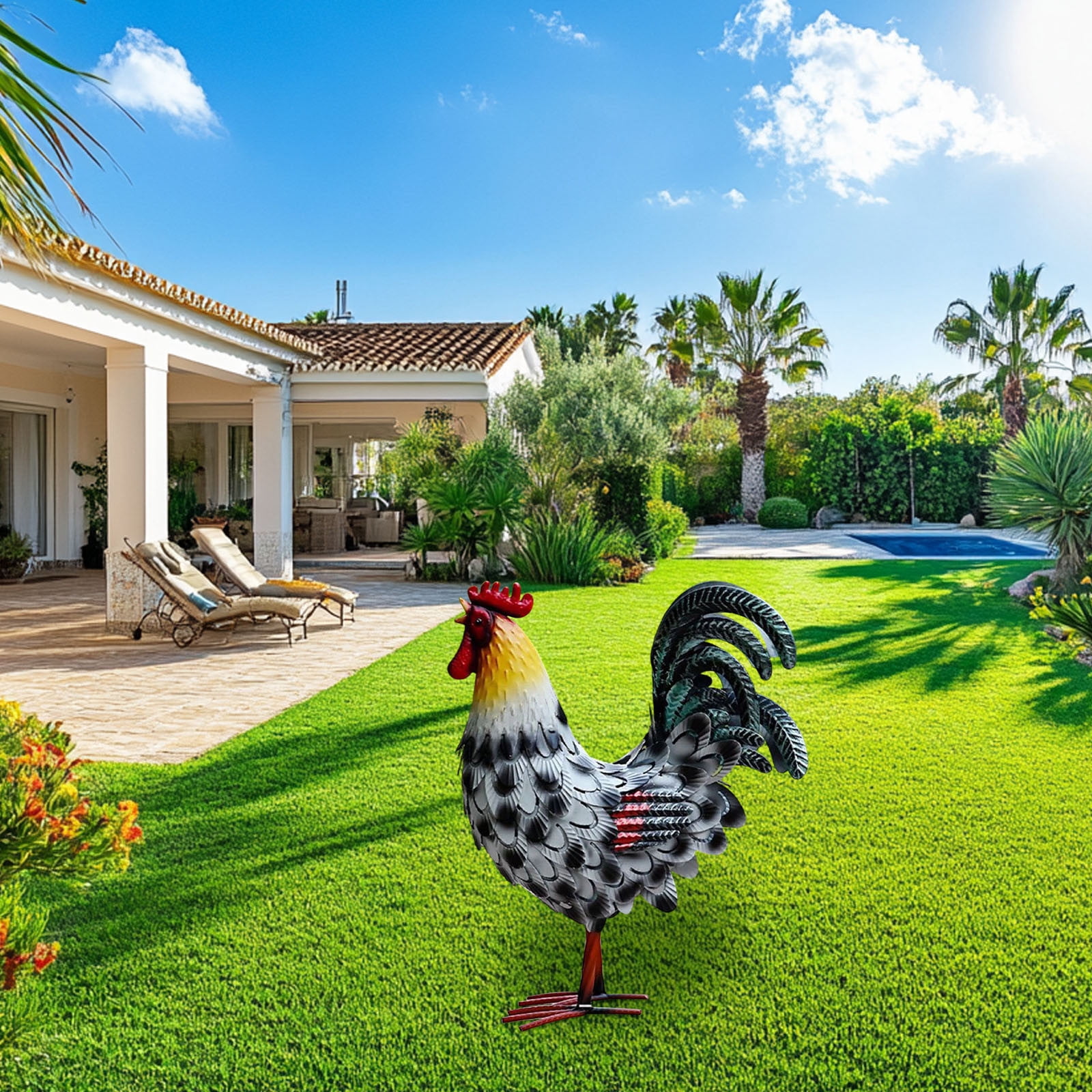 C Hand Painted Iron Rooster Garden Statue With Rustic Finish, Farmhouse Decoration For Yard, Patio, Outdoor Lawn Accent