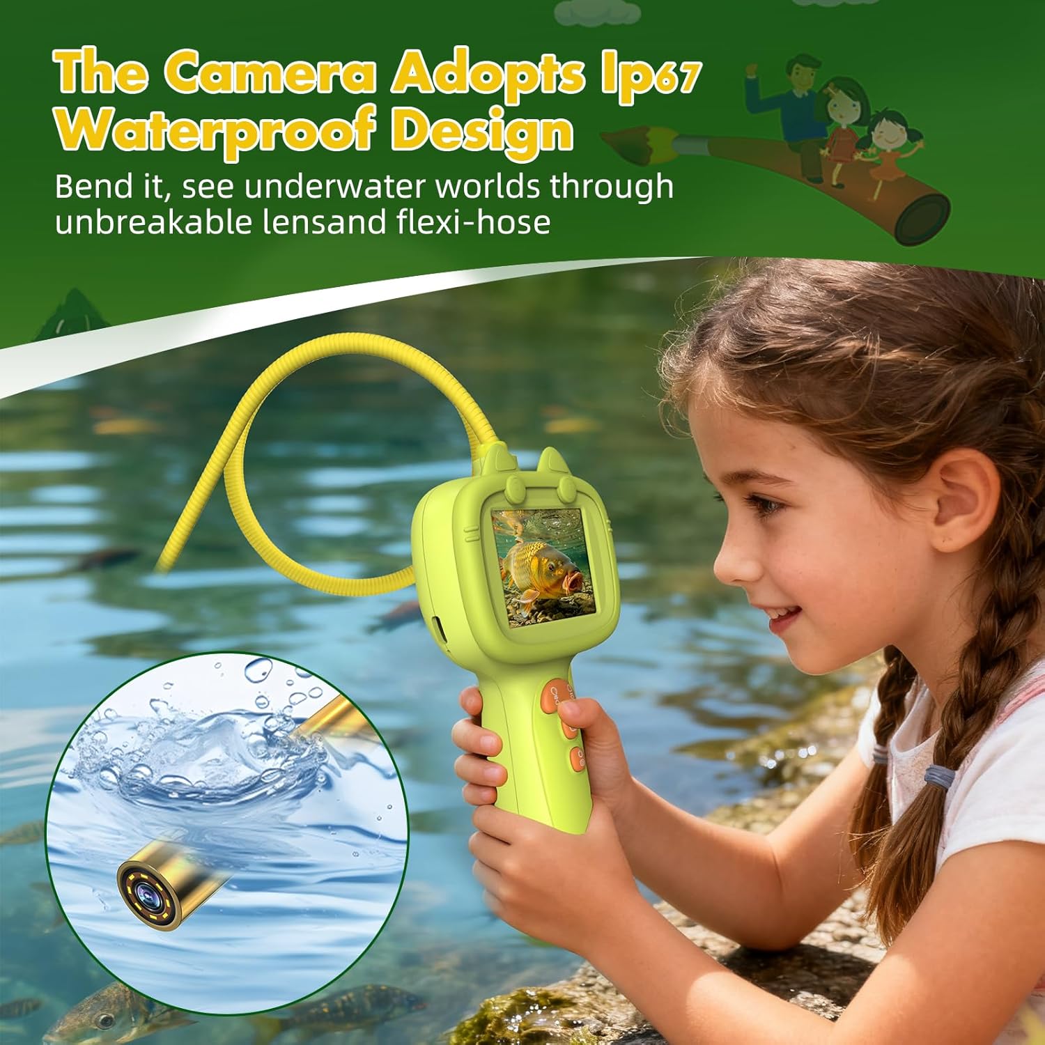 Borescope Camera with Light, Handheld Endoscope Camera for Outdoor Adventures & Nature Discovery, Outdoor Toys Gifts for Boys Girls, Yellow