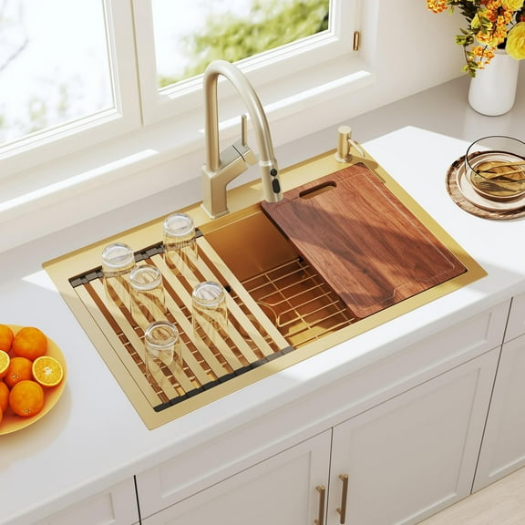 33 Inch Gold Workstation Drop In Kitchen Sink 33x22 Topmount 16 Gauge Stainless Steel Single Bowl Deep Sinks with Accessories 33" x 22" x 9"