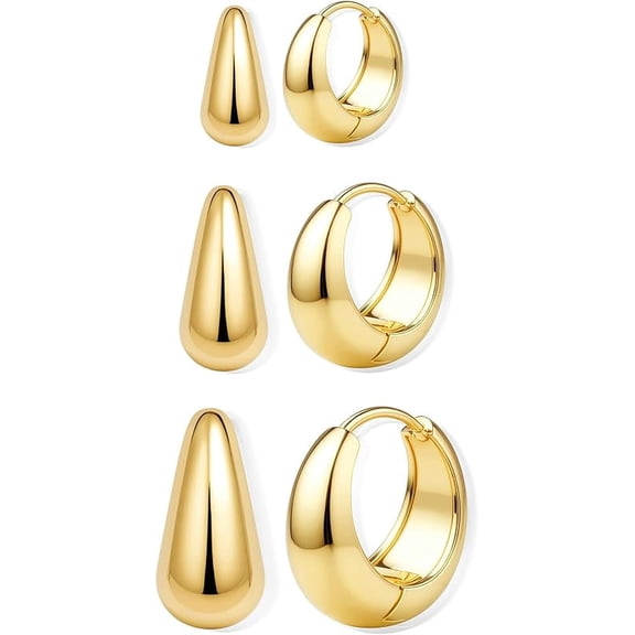 3Pairs 14K Gold Plated Hoop Earrings Set for Women Chunky Earring Silver Plated Hypoallergenic Small Huggie Hoops Lightweight Tiny Thick Trendy Hoop Earrings Stacks for Multiple Piercing