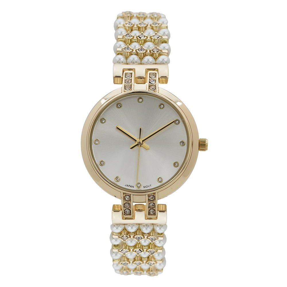 Master Of Bling Gold Tone Pearl Band Watch Womens Luxury Style 32mm