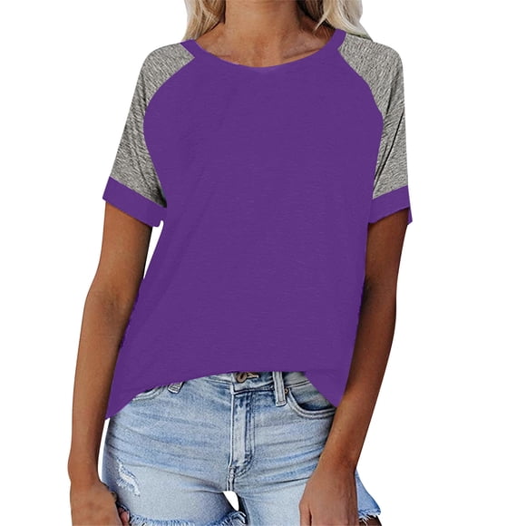 Plebaso T Shirts Womens Short Sleeve Color Block Casual Crew Neck Tee Shirts Loose Summer Blouses Tops
