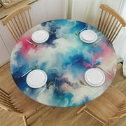 PIKWEEK Shibori Tie Dye Pattern Fitted Round Table Cover with Elastic Protector Table Kitchen Dinner Waterproof Oil-Proof Tablecloth
