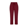 thumbnail image 5 of Bloomae Women's Petite Linen Capris Capri Pants with Pockets Lightweight Trendy Solid Color Casual Drawstring Elastic High Waist Straight Leg Cropped Trousers Wine S, 5 of 5