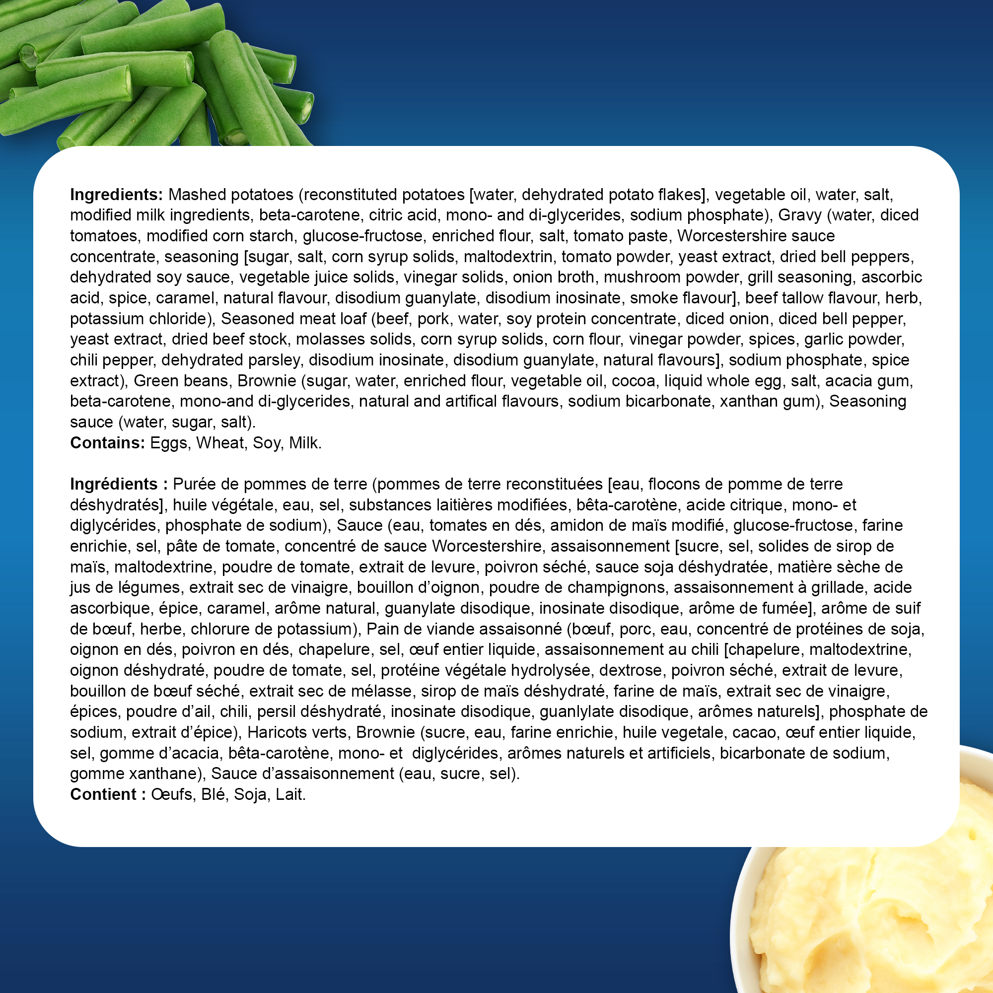 Swanson Meat Loaf: frozen meal, with mashed potatoes, green beans, and a brownie, 320g