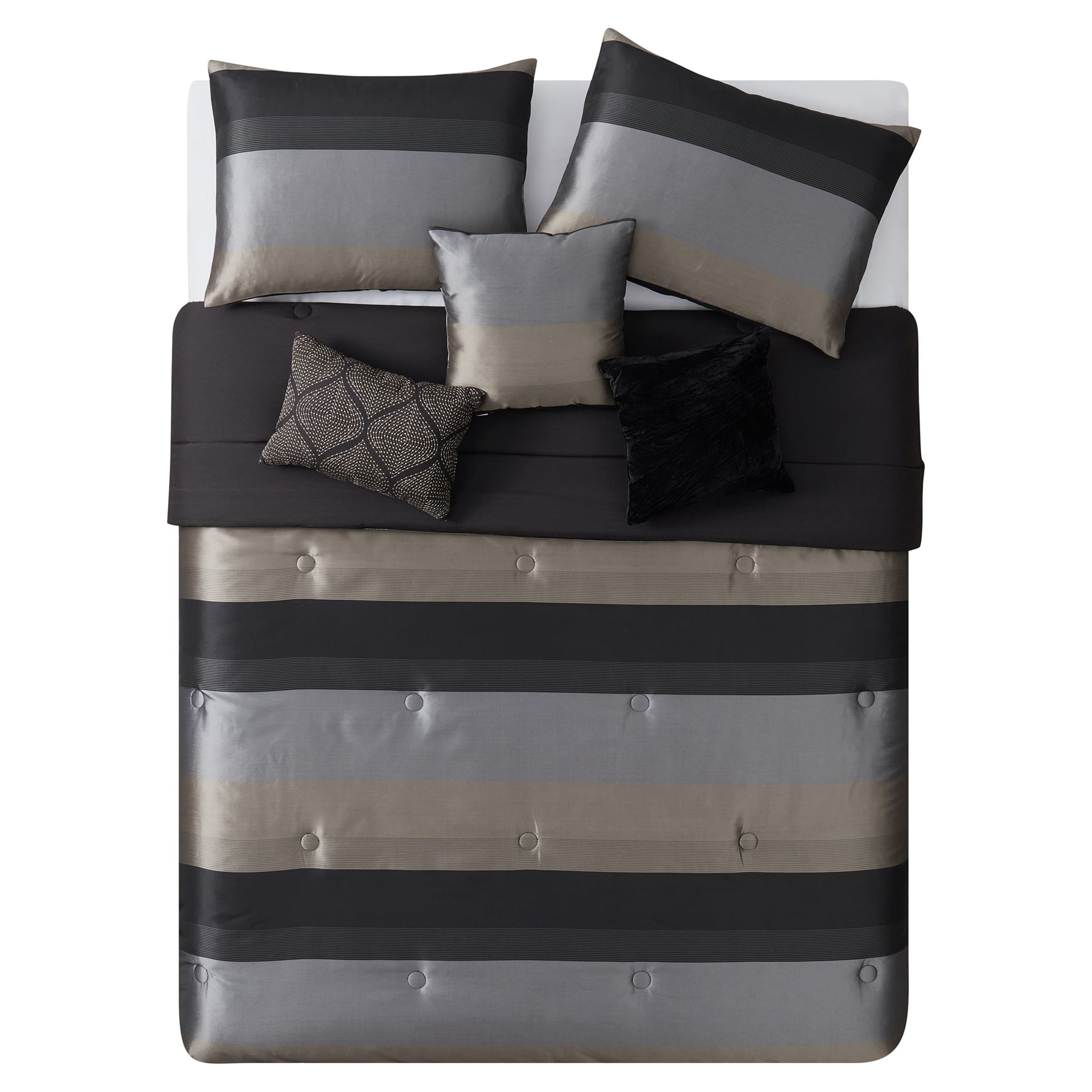 Mainstays Hudson 7-Piece Black/Gold Striped Polyester Comforter Set, Full/Queen