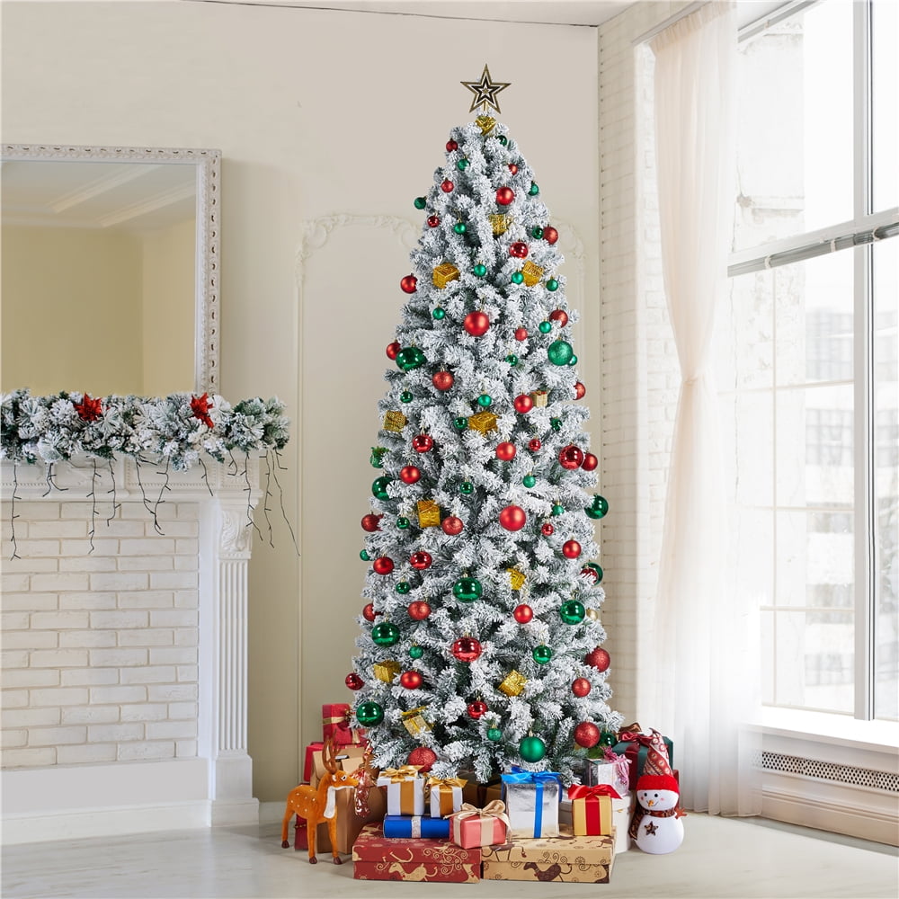 Alden Design 7.5 Ft Unlit Hinged Artificial Spruce Slim Christmas Tree, Frosted White
