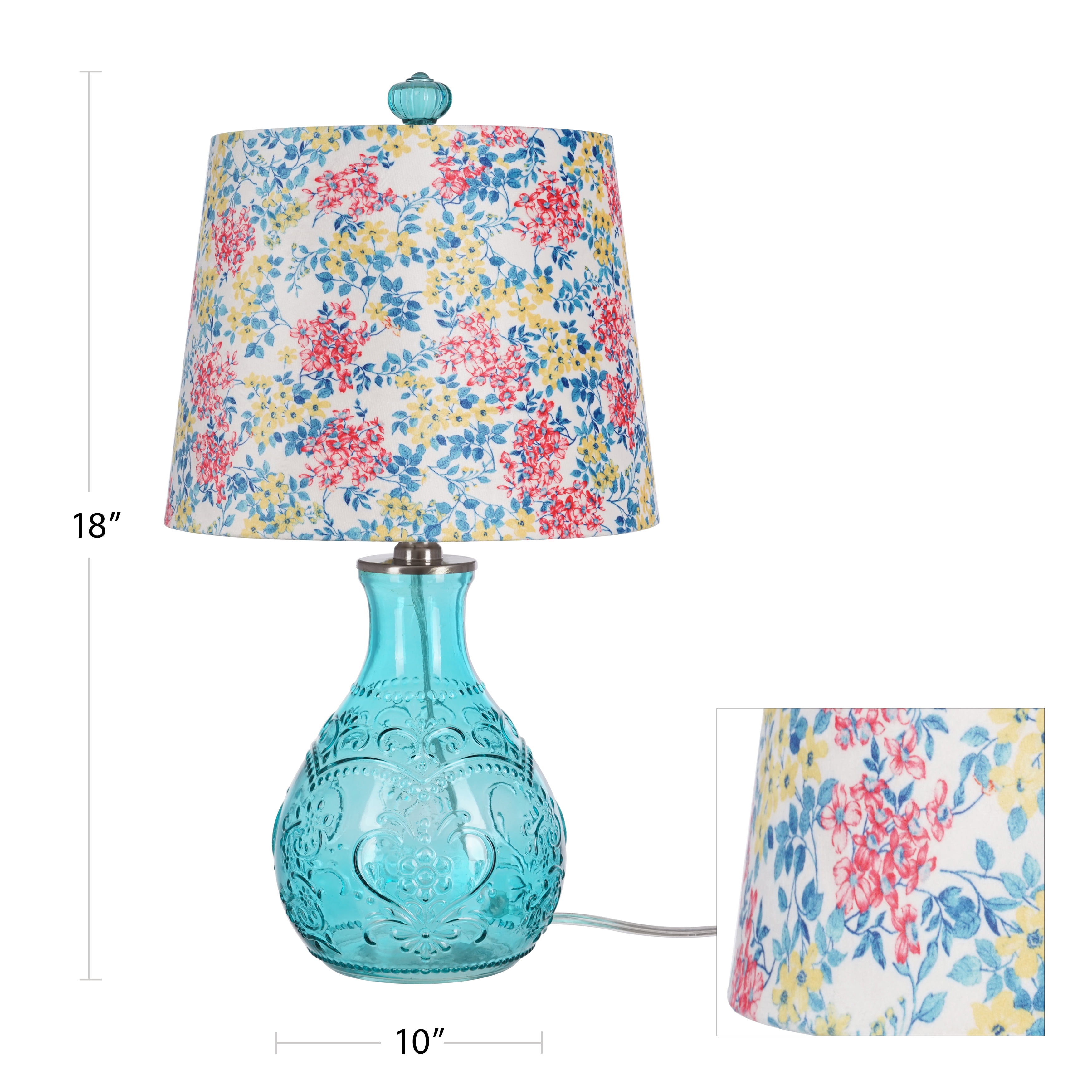 The Pioneer Woman Washy Ditsy Embossed Table Lamp with Pretty Posies Linen Shade, Teal