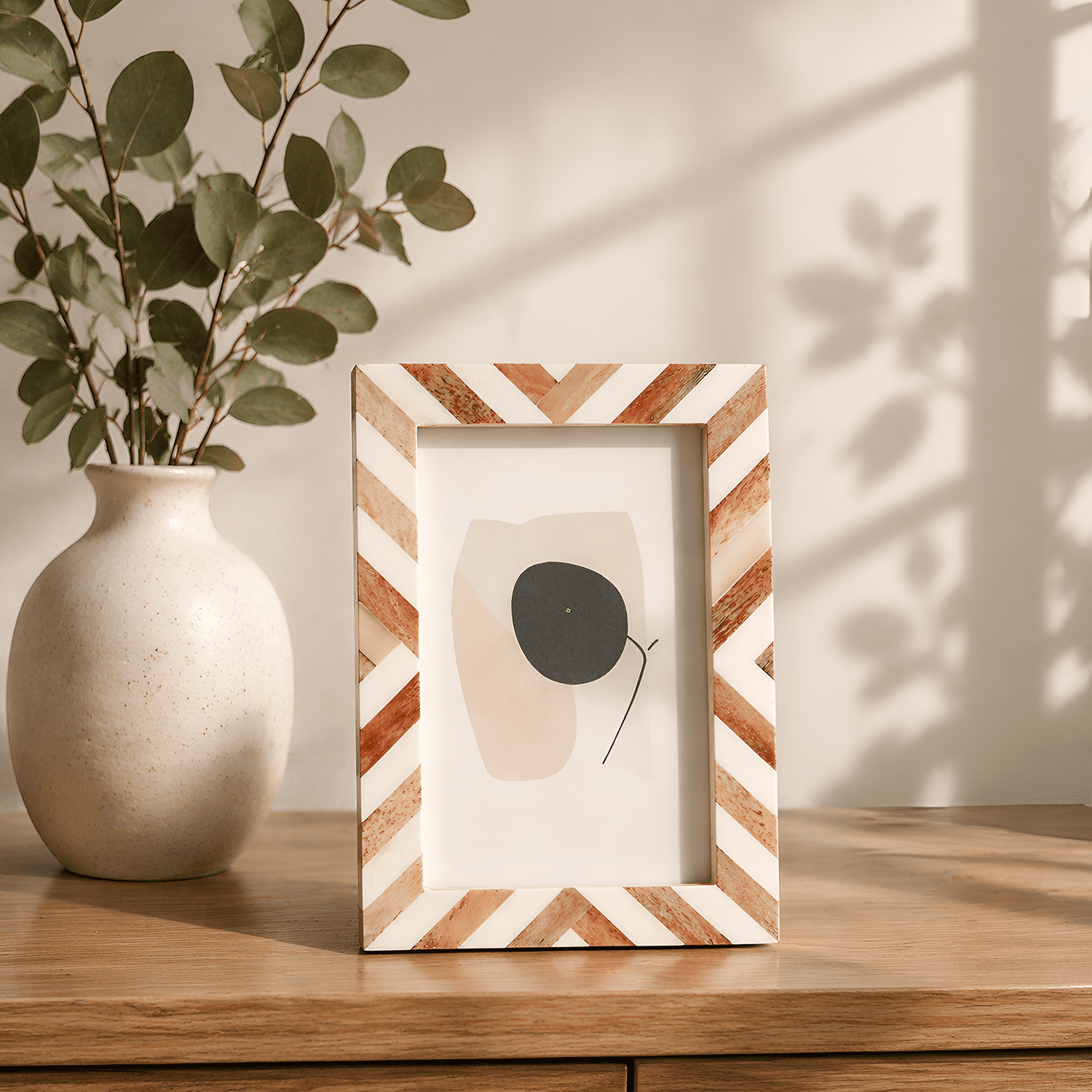 Handicrafts Home 5x7 Picture Frame, Brown Chevron Bone Inlay Photo Frame, Rustic Farmhouse Wall or Tabletop Picture Frame for Home Wall Decor