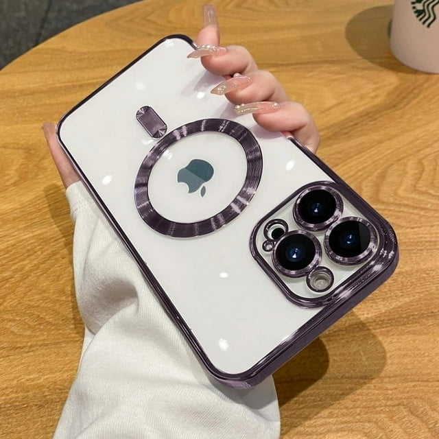 Luxury Wireless Charge Magsafe Phone Case For iPhone 15 14 13 12 11 Pro Max Plus Transparent Magnetic Electroplate Bumper Cover PURPLE For iPhone 11Pro
