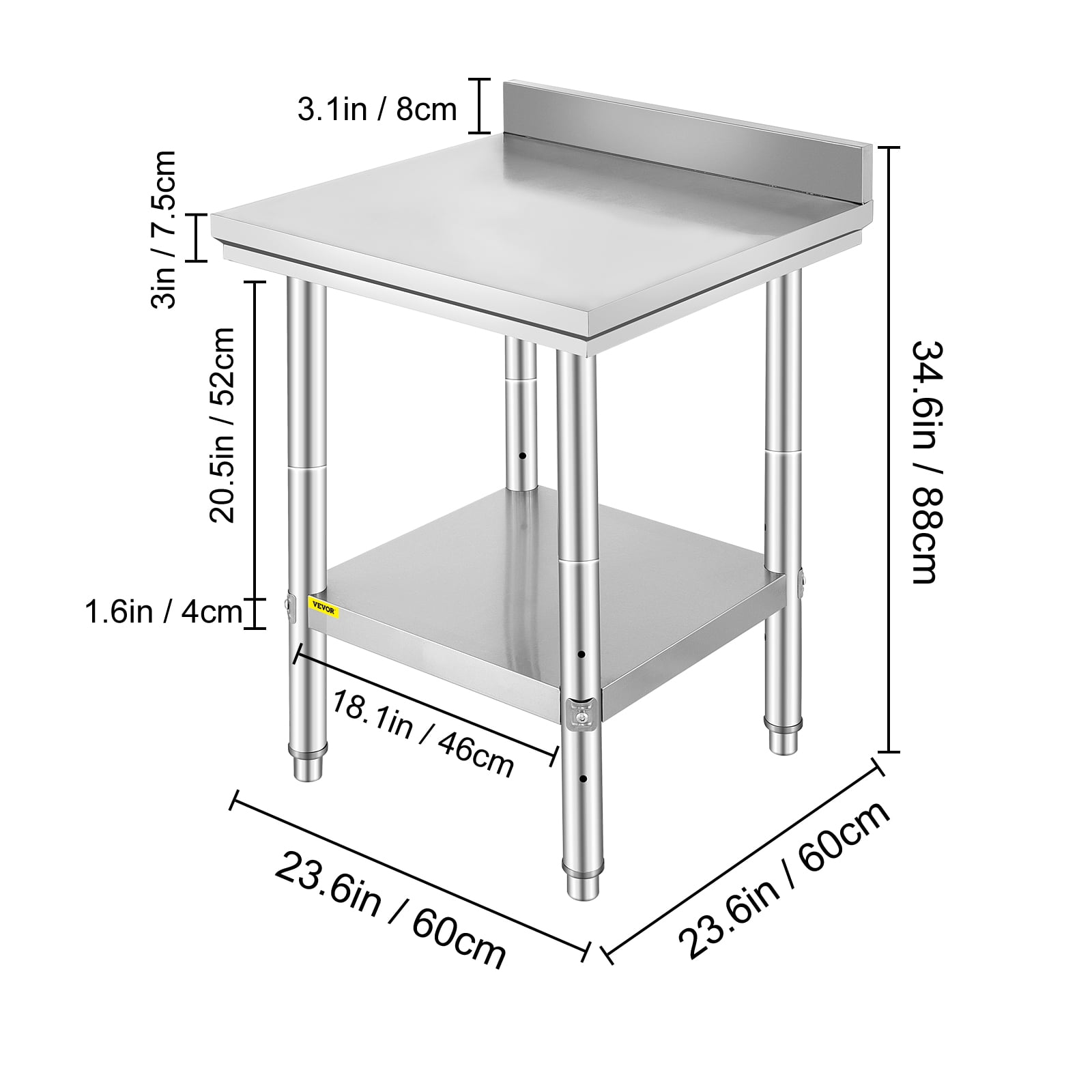 VEVOR Stainless Steel Work Table, Durable Stainless Steel Prep Table with Adjustable Undershelf & Feet, 24 x 24 x 34 Inch, Silver