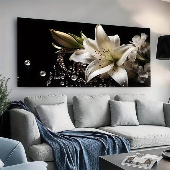 Luxury White Lily Floral Framed Canvas Wall Art 48x24 Inches Black Background Modern Home Decor
