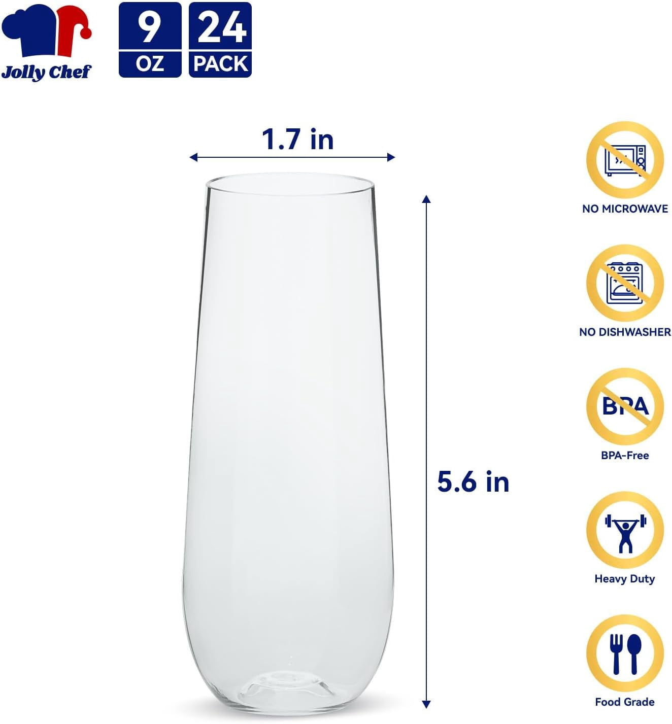48 Pack Stemless Plastic Champagne Flutes 9 oz, Crystal Clear Stemless Plastic Toasting Glasses, Clear Disposable Unbreakable Drinkware Ideal for Wedding, Birthday, Party
