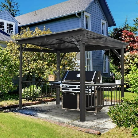 Domi 6.5x12FT Hardtop Grill Gazebo – Outdoor BBQ Canopy with 2 Side Shelves and Ceiling Hooks, Galvanized Steel Slope Roof for Patio, Lawn, Backyard, Deck – Gray