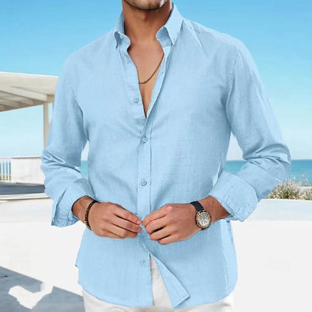 pstuiky Camisas de invierno de manga larga para hombre, Camisa informal de moda para hombre, con cuello en V y mangas, transpirable top de hombre l