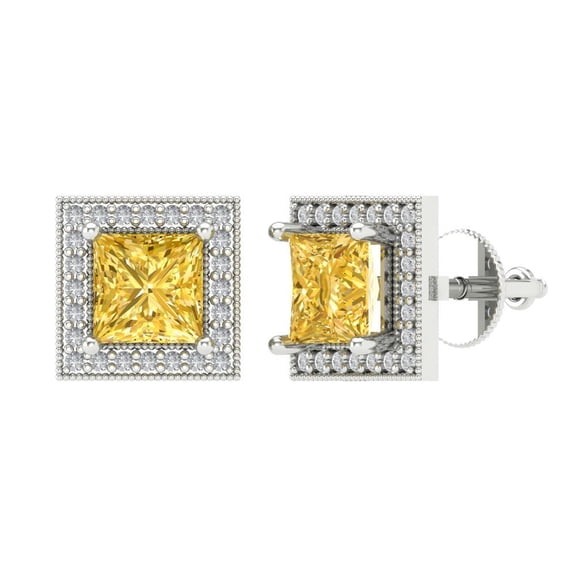 2.24 ct Screw-Back Stud Earrings for Women | 5.5mm Princess Cut Simulated Yellow Diamond | 18K White Gold
