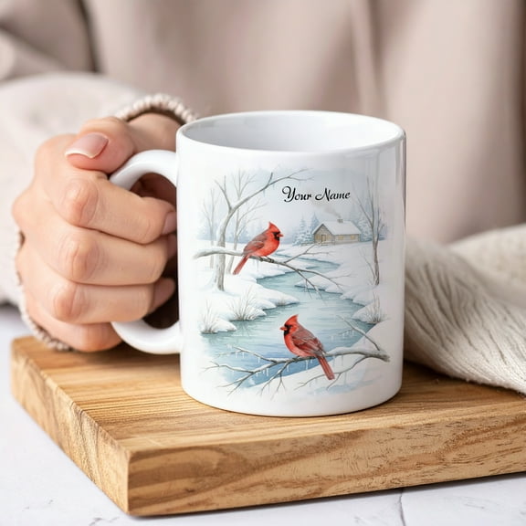 Lotusprinthandmade Winter Cardinal White Ceramic Mug (11oz) (Made In US) – Coffee Mug for Cardinal & Winter Lovers