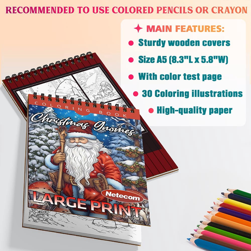 Netecom Christmas Gnomes Coloring Book Spiral Bound For Adult, A5 Wooden Cover, 30 Delightful Coloring Pages of Gnomes Spreading Holiday Cheer for Stress Relief and Relaxation