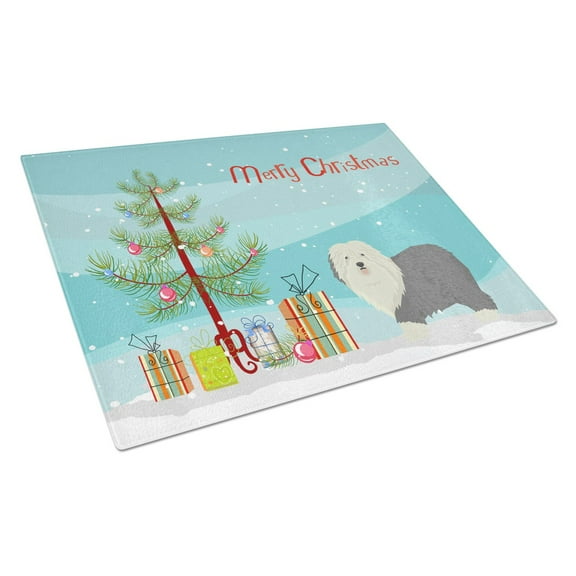 Old English Sheepdog Christmas Tree Glass Cutting Board Large