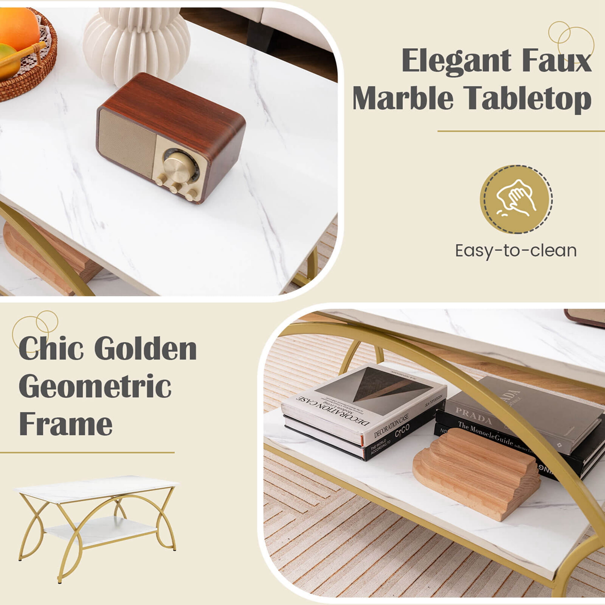 Costway Coffee Table Modern Marble 2-Tier Coffee Table  Gold Rectangle for Living Room