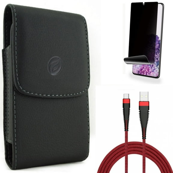 Case Belt Clip w 10ft USB Cable w Privacy Screen Protector for Samsung Galaxy S20 Plus - Leather Holster Cover, Type-C Charger Cord Power, TPU Film [NOT GLASS] [Fingerprint fits Galaxy S20 Plus