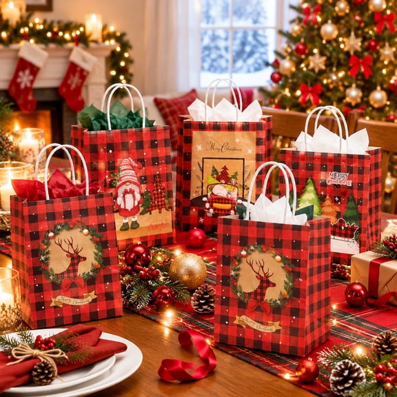 48 Pack Christmas Gift Bags, Kraft Paper Holiday Gift Bags with 4 Festive Designs, 5.91 x 3.15 x 8.27 Inch Gift Bags for Christmas Parties and Presents