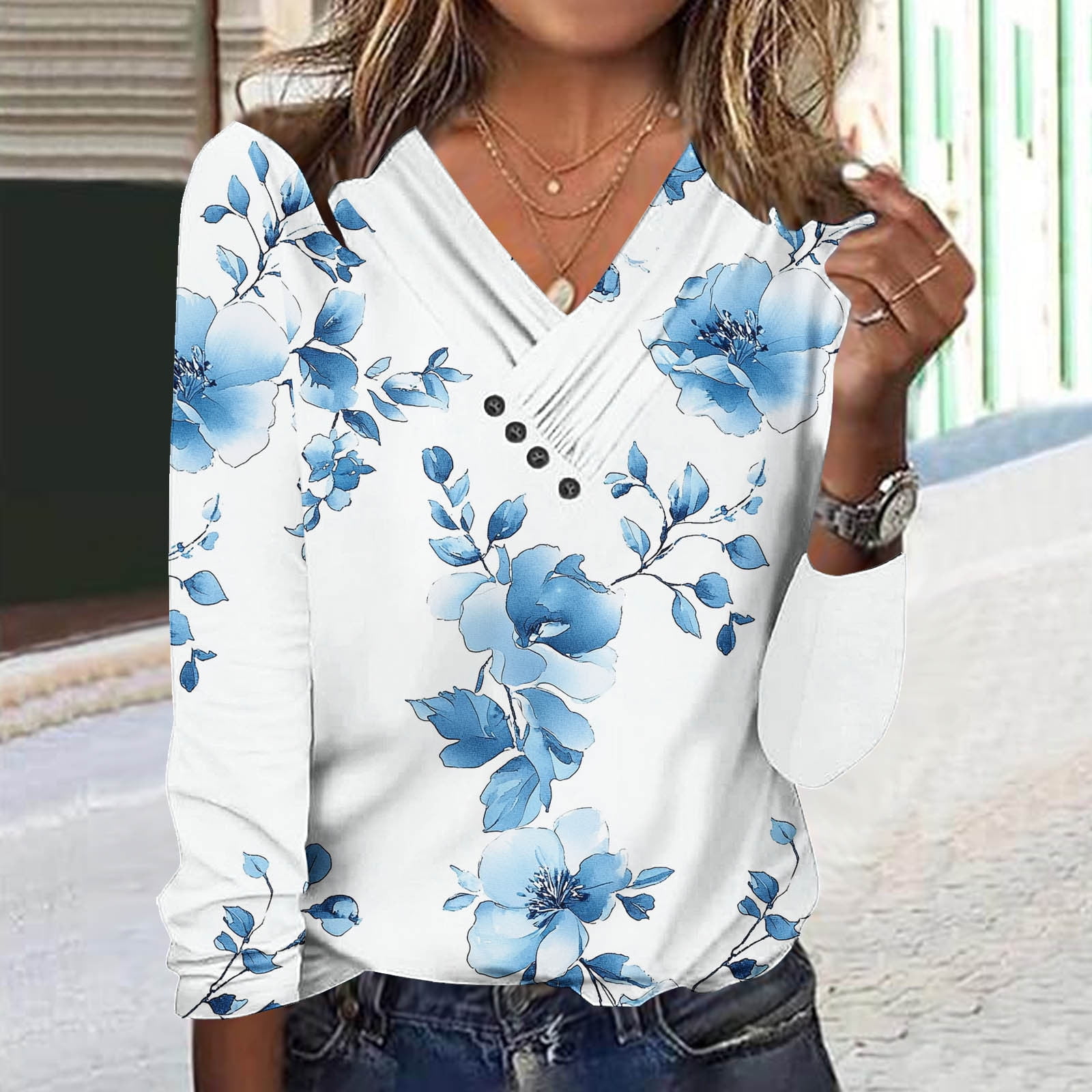 Oplxuo 2025 Fall Long Sleeve Shirts for Women Cross V Neck Tops