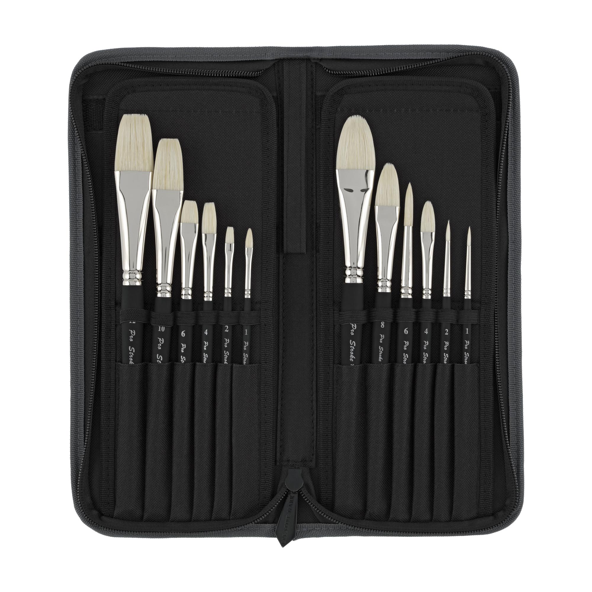 Creative Mark Pro Stroke Premium White Chungking Hog Bristle Artist Paint Brush - Short Handle Set of 12 with Easel Case - Natural Bristle Brush w/ Soft Touch Handle for Oils and Acrylics