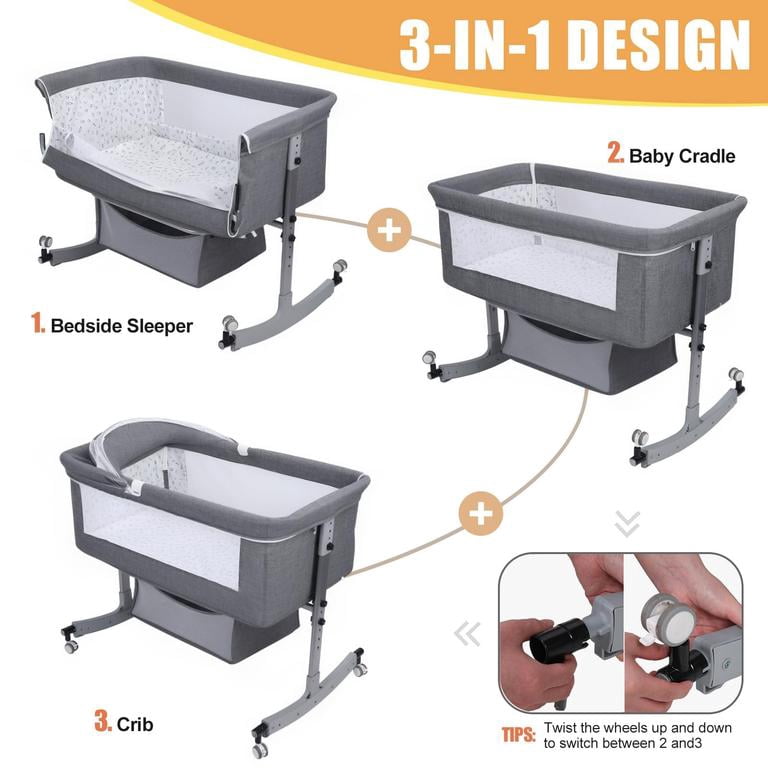 Dapmiu 4-in-1 Convertible Baby Crib, Bedside Sleeper with Changing Table, 6-Level Height Adjustable, Rocking Crib, Silent Wheels, Storage Basket, Mosquito Net, for Newborn to 24 Months,black