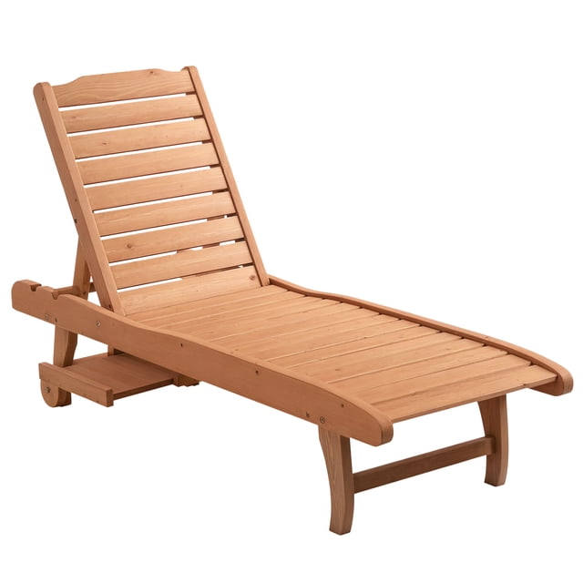 Outsunny Wooden Outdoor Lounge Chair, Adjustable Patio Outdoor Chaise Recliner Garden Furniture, Tanning Chair with Pull-out Tray and 2 Wheels, Brown