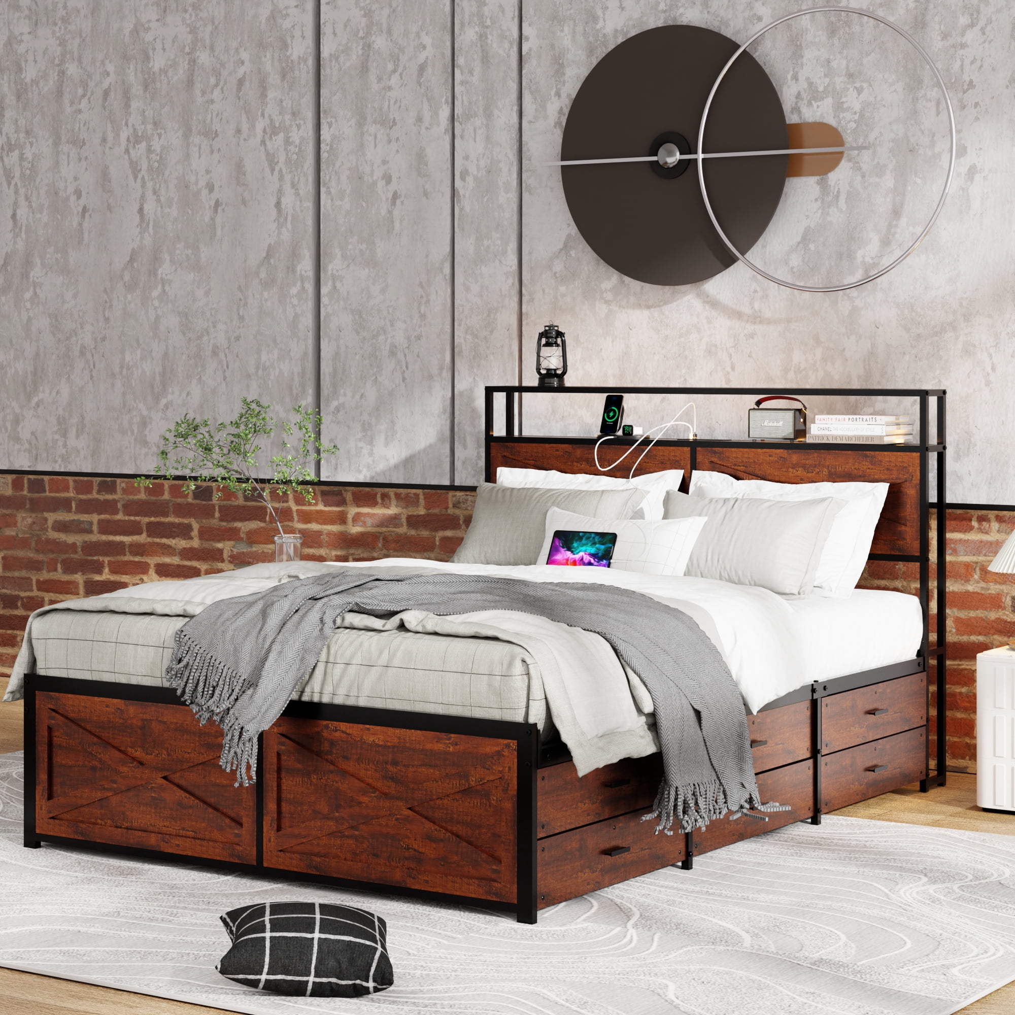 BSHTI Queen Bed Frame with 12 Storage Drawers, Wood & Metal LED Platform Bed Frame with Storage Headboard & Drawers, Charging Station, No Box Spring Needed, Farmhouse Style for Bedroom, Rustic Brown
