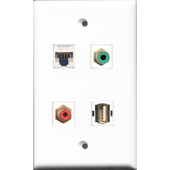 RiteAV 1 Port RCA Red and 1 Port RCA Green and 1 Port USB A-A and 1 Port Cat5e Ethernet White Wall Plate