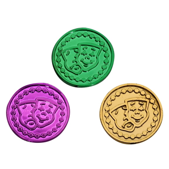 BESTSKY 100PC Mardi Gras Plastic Coins Assorted Metallic Gold Green Purple Mardi Gras Coins Bulk for Mardi Gras Parade,Party Favors