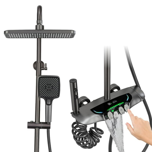 Shower System Thermostatic, With LED Digital Displaywall-Mounted Shower Faucet Set, With 12" Rain Shower Head, Tub Spout, Hand Shower, Bidet Sprayer, Shower Rod Height Adjustable, Gray