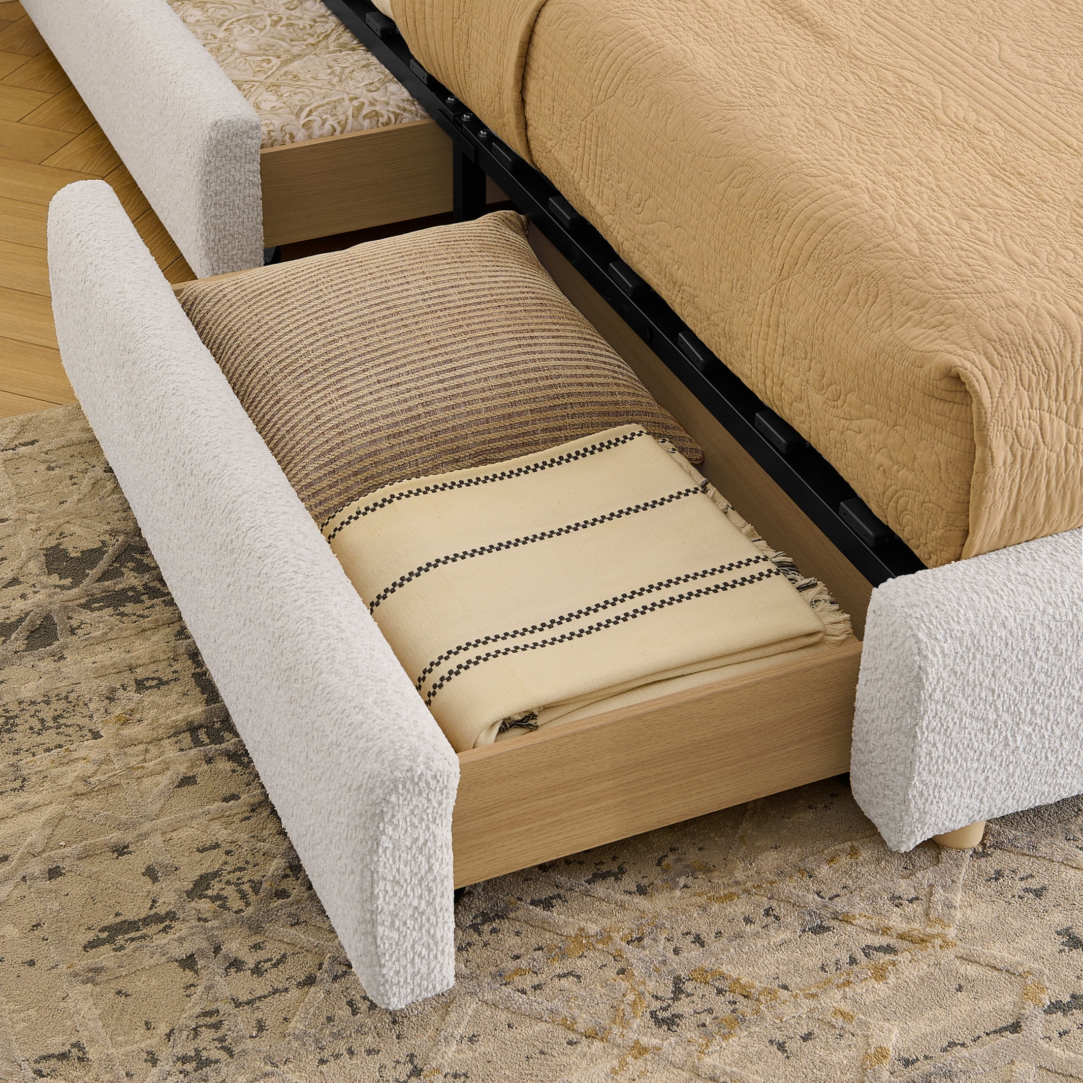 Noble House Elbert King Size Upholstered Bed Frame, Circle Yarn Tall Curved Headboard with Storage Drawers, Beige