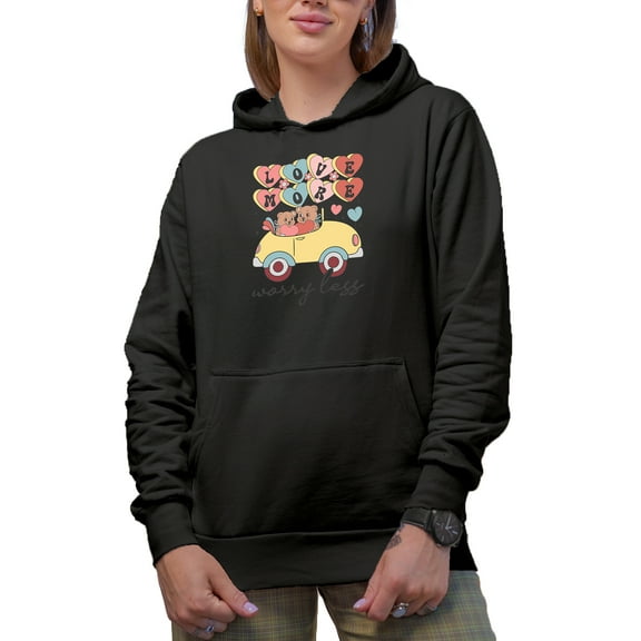 Love More, Worry Less & Hearts & Bear Lovers in a Car, Valentine's Day Gift, Black Hooded Sweatshirt or Hoodie, Small