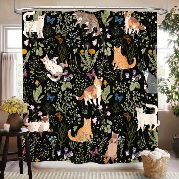 Black Cat Shower Curtain Cute Floral And Butterfly Fabric Bathroom Decor With Hooks 71x71 Inches