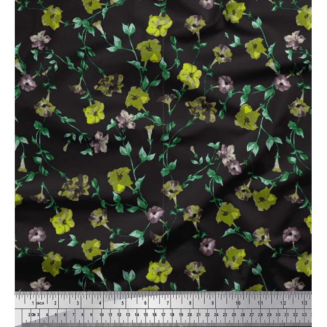 Soimoi Polyester Crepe Fabric Leaves & Floral Artistic Printed Fabric 1 Yard 42 Inch Wide