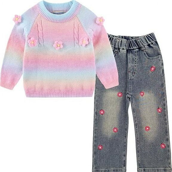 Peacolate 3-7T Spring Fall Little Girls 2pcs Clothing Set Knit Sweater and Embroidered Jeans,Pink blue flower,5Years