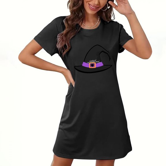 Wensltd Womens Nightgown Soft Short Sleeve Halloween Pajamas Women Cute Print Nightdress