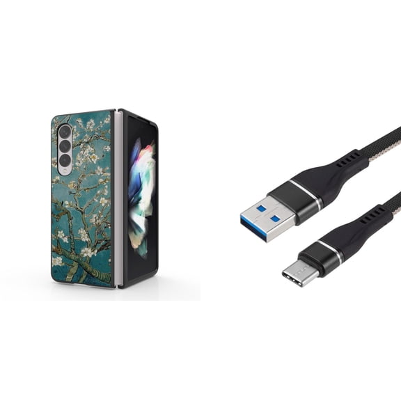 Accessory Bundle for Galaxy Z Fold 4: Slim Snap-On Case (Midnight Green Blossom), Nylon Braided USB-C to USB-A Cable (3 Feet)