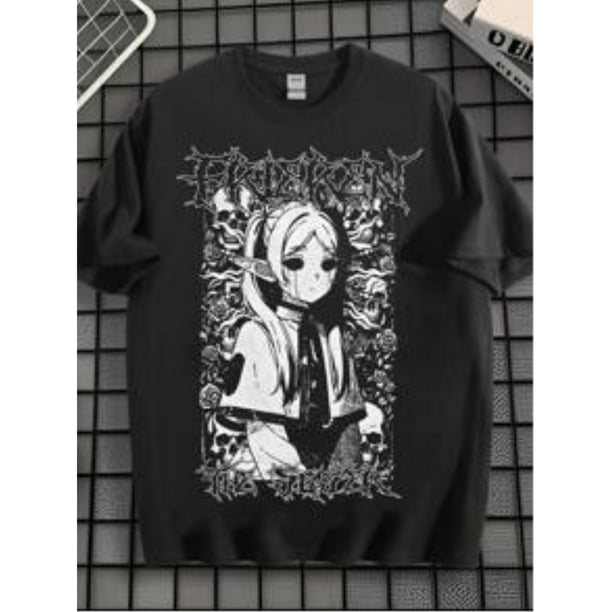 Camiseta EWH para hombre, estilo gótico oscuro, con estampado de dibujos animados de chica anime con esqueleto rosa, estilo Y2K, holgada, de verano, manga corta.