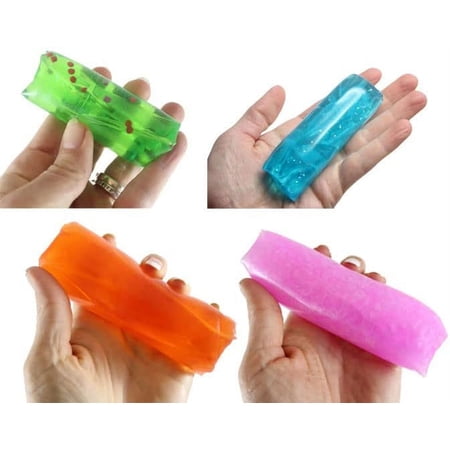 4 Different Water Trick Snakes - Filled with Glitter, Confetti, Glow in the Dark, and Pearl - Stress Toy - Slippery Tricky Wiggly Wiggler Tube - Squishy Wiggler Sensory Fidget Ball (RANDOM COLORS)
