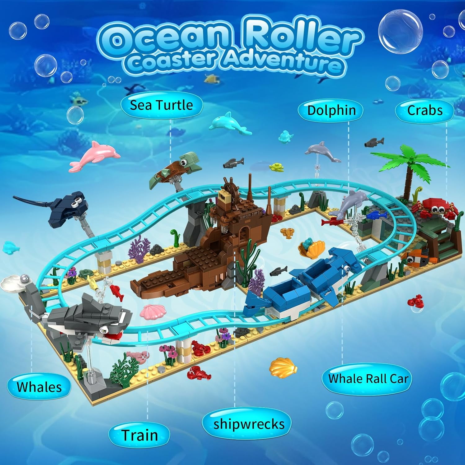 Ocean Roller Coaster, Explorer Ship Building Toy Set Compatible with Lego, Sea Animal Toys Gifts for Girls Boys with Transformations from Shark, Dolphin, Turtle, Fish building set