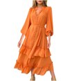 thumbnail image 2 of Elainilye Fashion Elegant Dresses for Women Comfortable Casual Button Zipper Long Sleeve Color V-neck A-line Skirt Belt Dress,Orange, 2 of 8