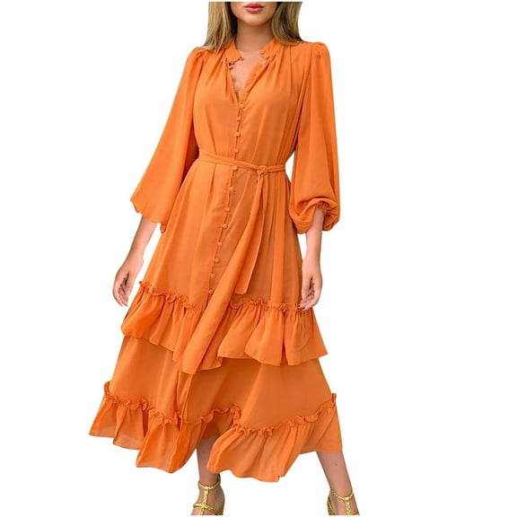 IROINNID Sales Semi Formal Dress for Women Long Sleeve Peplum Dress Comfortable Button Zipper Solid Color V-neck A-line Skirt Belt Dress,Orange
