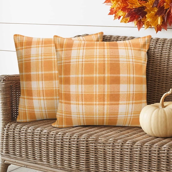 Orange Plaid Outdoor Waterproof Pillow Covers Set of 2, Classic Amber Orange Grids Gingham Rustic Country Pillowcase Decorative Throw Cushion Cases for Patio Garden Couch 16 x 16 Inches