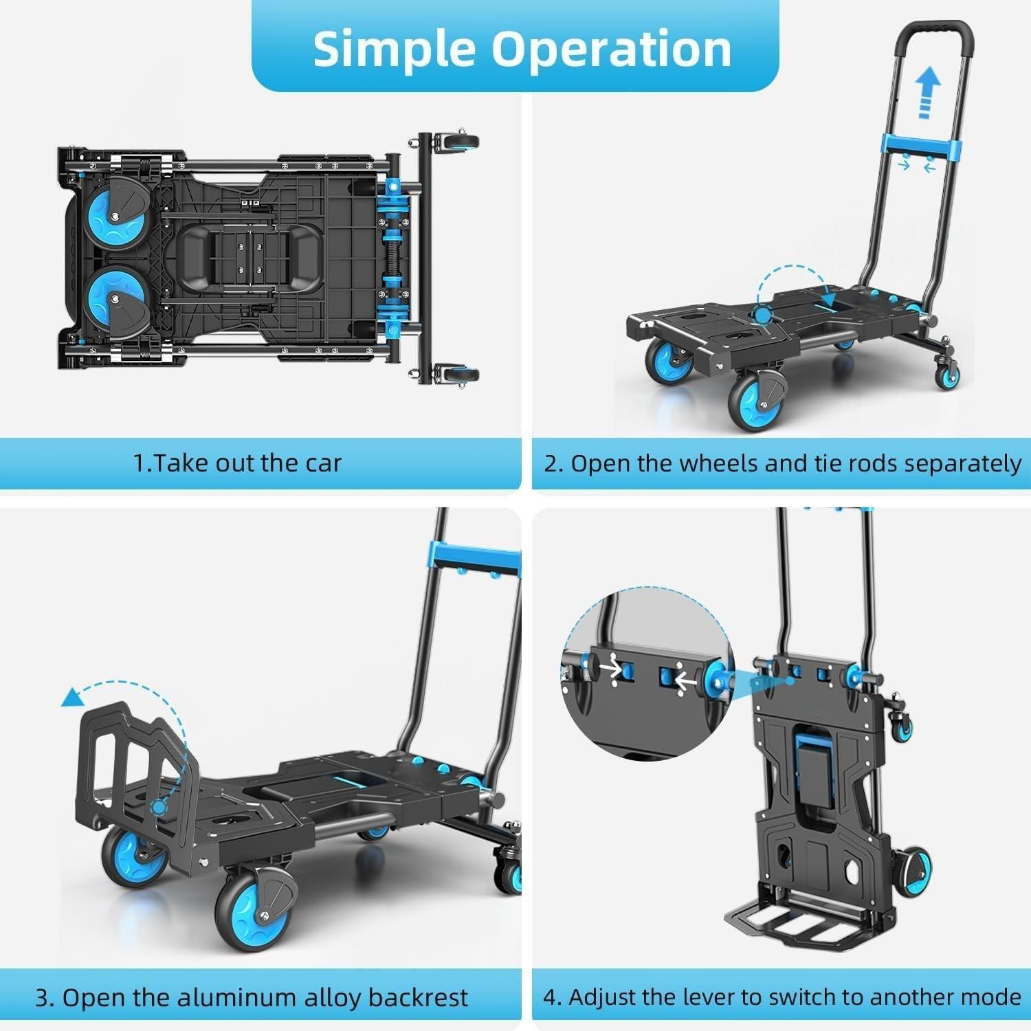Foldable Dolly Cart with Wheels, 330 lbs Max Capacity Portable Hand Cart, 2-in-1 Heavy Duty Folding Hand Truck with Adjustable Retractable Handle for Moving,Delivery, Shopping, Office,Travel Use