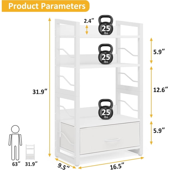 Small Bookshelf with Drawer - 4-Tier Wood Book Shelf Industrial Narrow Bookcase Storage Organizer Metal Stackable Shelves for Desktop Bedroom Living Room Home Office (White)