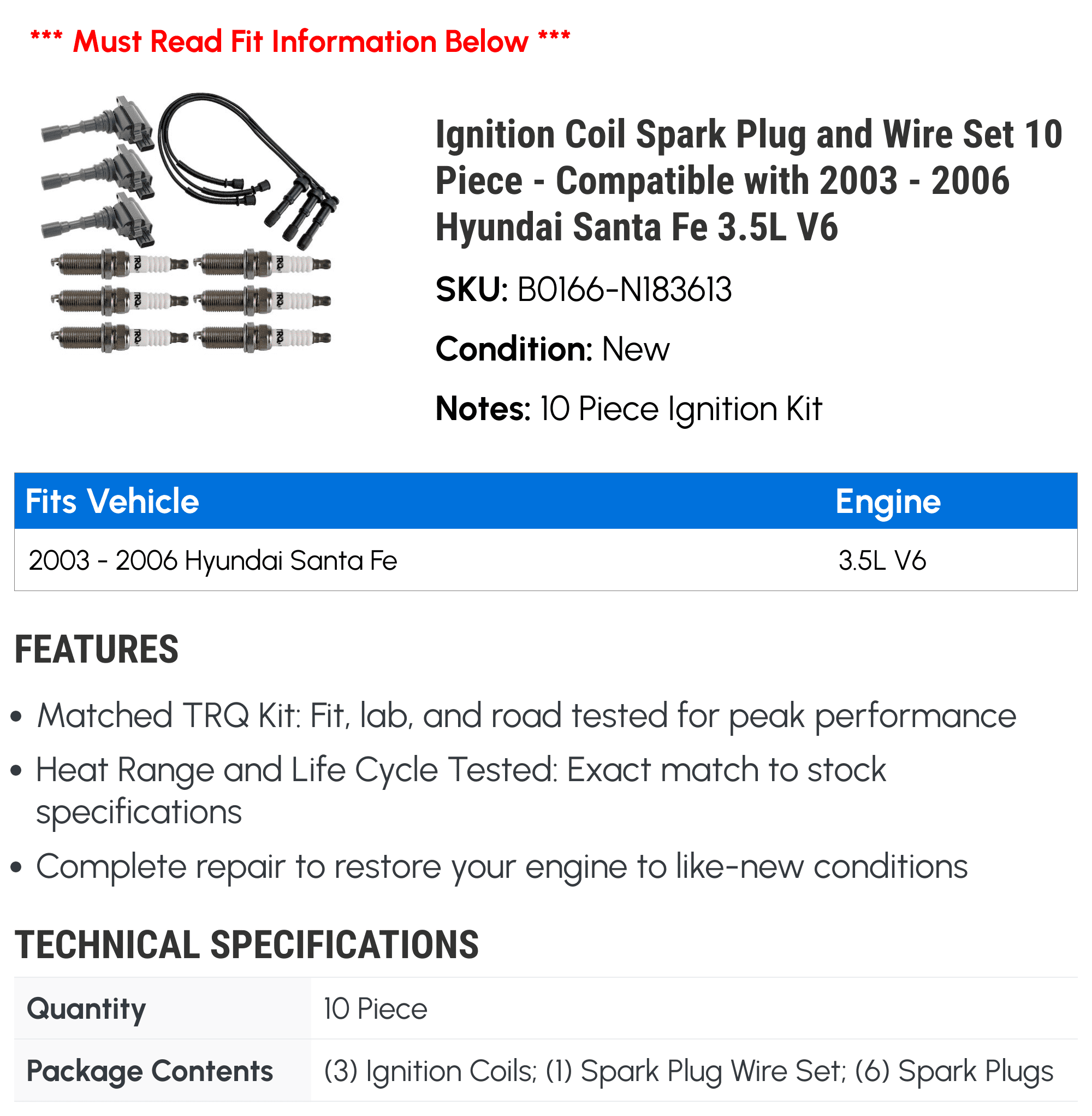 Ignition Coil Spark Plug and Wire Set 10 Piece - Compatible with 2003 - 2006 Hyundai Santa Fe 3.5L V6 2004 2005